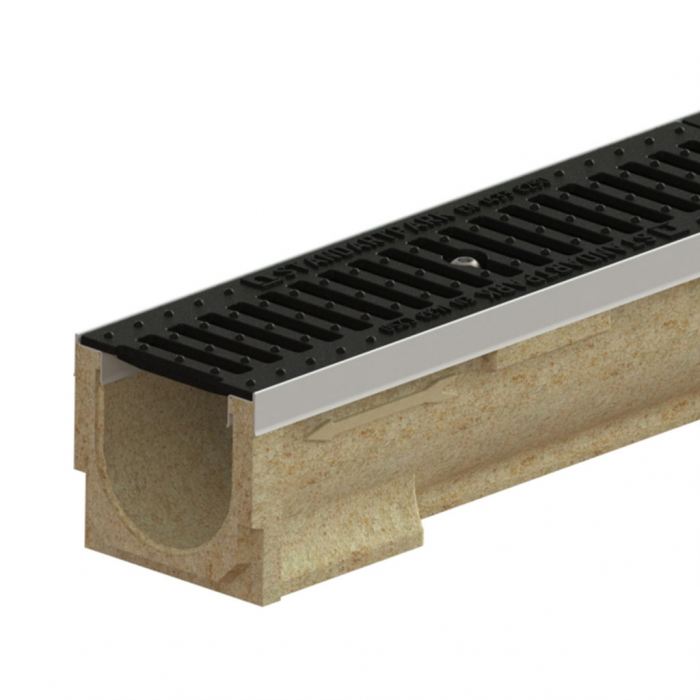 Kit rigola din polimerbeton seria model BASE, LN100 Hext.67 gratar din fonta clasica C250 muchii otel zincat 1000x138x67 - Vodaland gama Drain [1]