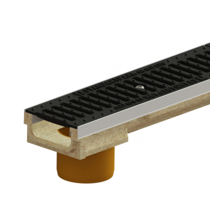 Kit rigola din polimerbeton seria model BASE, LN100 Hext.67 gratar din fonta clasica C250 muchii otel zincat iesire verticala D.110 1000x138x67 - Vodaland gama Drain [1]