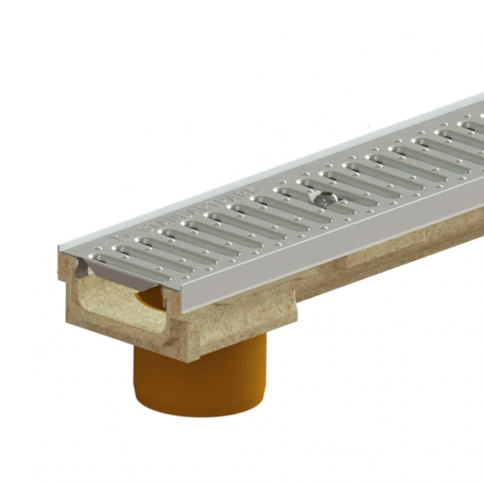 Kit rigola din polimerbeton seria model BASE, LN100 Hext.67 gratar otel zincat A15 muchii otel zincat iesire verticala D.110 1000x138x67 - Vodaland gama Drain [1]
