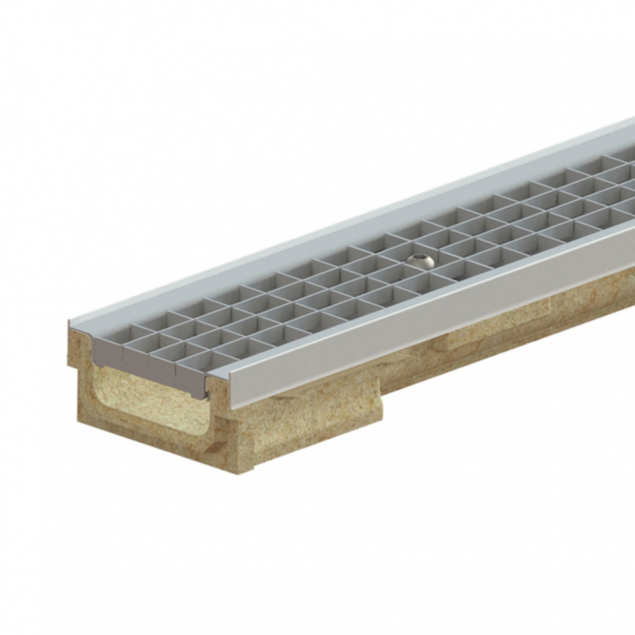 Kit rigola din polimerbeton seria model BASE, LN100 Hext.67 gratar otel zincat grila B125 muchii otel zincat 1000x138x67 - Vodaland gama Drain [1]