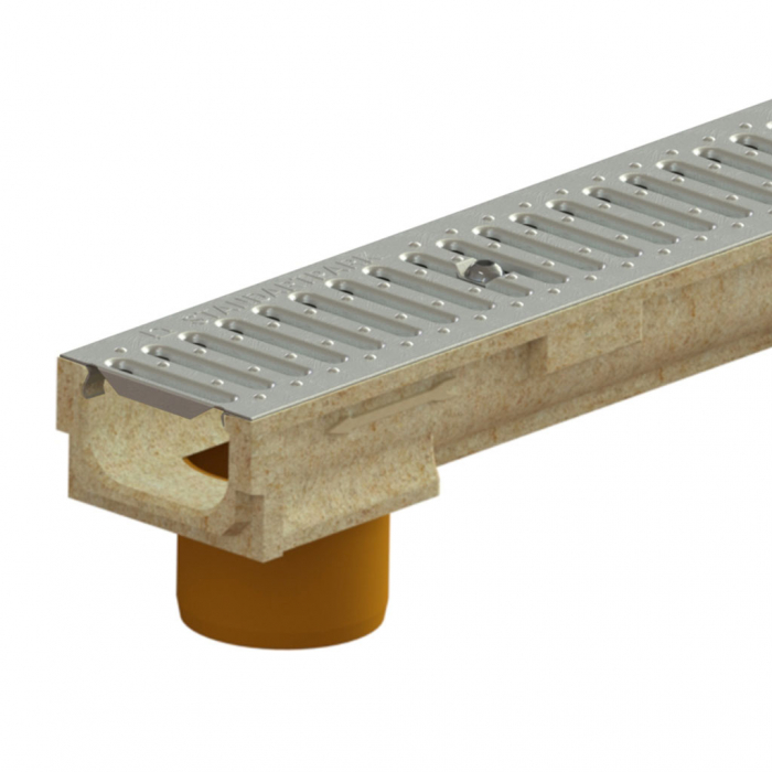 Kit rigola din polimerbeton seria model BASE, LN100 Hext.82 gratar otel zincat A15 iesire verticala D.110 1000x138x82 - Vodaland gama Drain [1]