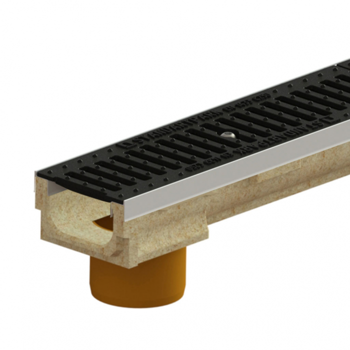 Kit rigola din polimerbeton seria model BASE, LN100 Hext.87 gratar din fonta clasica C250 muchii otel zincat iesire verticala D.110 1000x138x87 - Vodaland gama Drain [1]