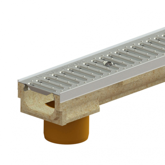 Kit rigola din polimerbeton seria model BASE, LN100 Hext.87 gratar otel zincat A15 muchii otel zincat iesire verticala D.110 1000x138x87 - Vodaland gama Drain [1]