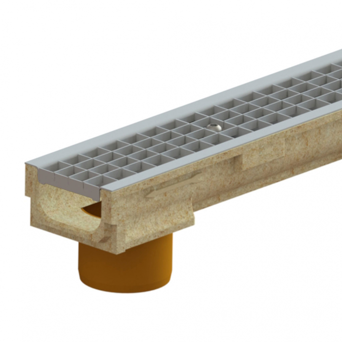 Kit rigola din polimerbeton seria model BASE, LN100 Hext.87 gratar otel zincat grila B125 muchii otel zincat iesire verticala D.110 1000x138x87 - Vodaland gama Drain [1]