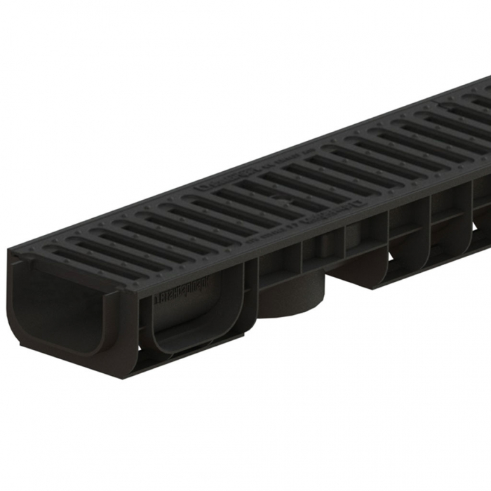Kit rigola din polipropilena model BASE, LN100 Hext.80 gratar din polipropilena in fante A15 1000x145x80 - Vodaland gama Drain [1]