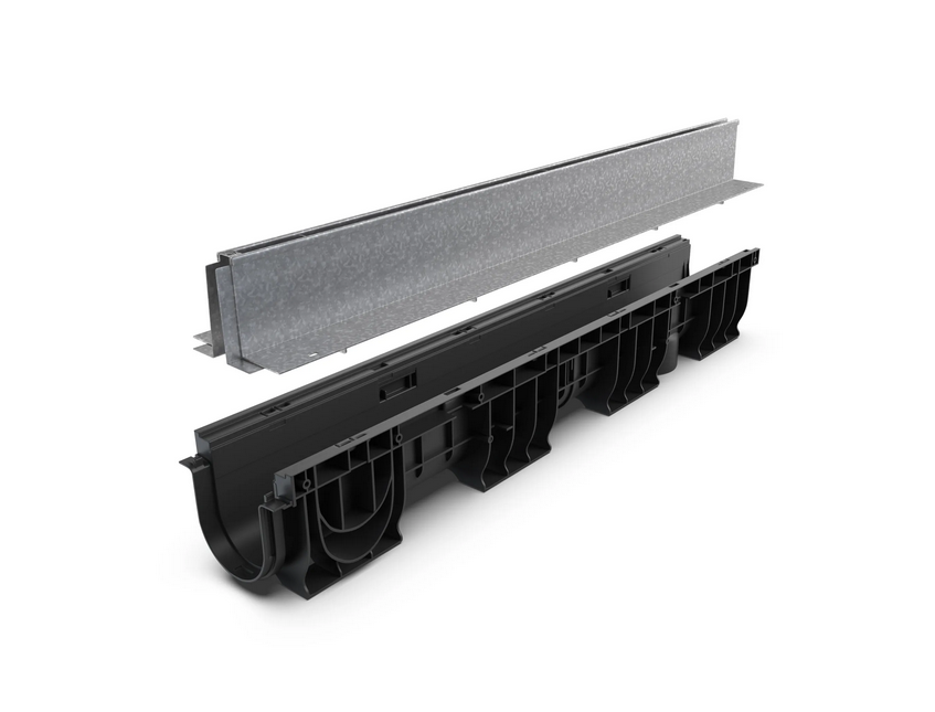 Kit rigola din polipropilena model BASE, LN100 Htot.175 gratar otel zincat tip Fanta T H25mm A15-C250 1000x160x175 - Vodaland gama Drain [1]