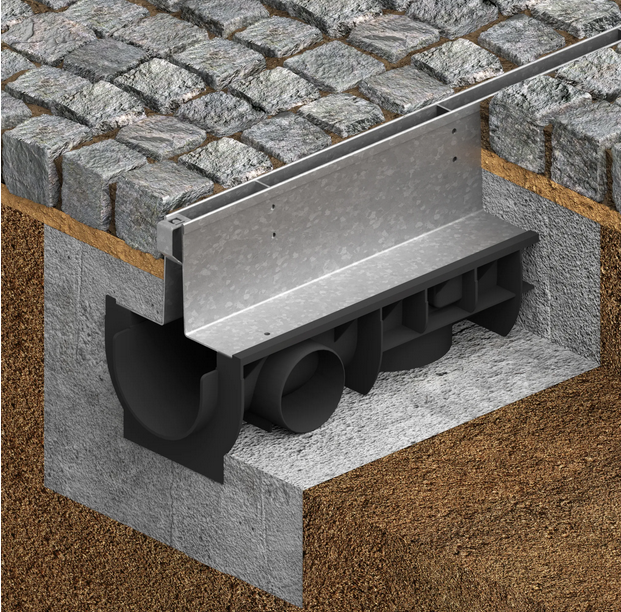 Kit rigola din polipropilena model BASE, LN100 Htot.220 gratar otel zincat tip Fanta T H100mm A15-C250 1000x156x220 - Vodaland gama Drain [1]