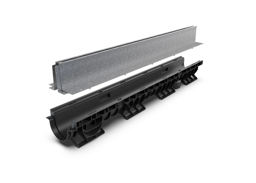 Kit rigola din polipropilena model BASE, LN100 Htot.220 gratar otel zincat tip Fanta T H100mm A15-C250 1000x156x220 - Vodaland gama Drain [2]