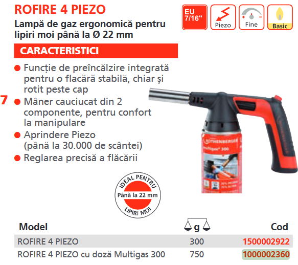 Lampa de gaz ergonomica pentru lipiri moi pana la Ø 22 mm Rothenberger ROFIRE Piezo 4 cu doza Multigas 300 [2]