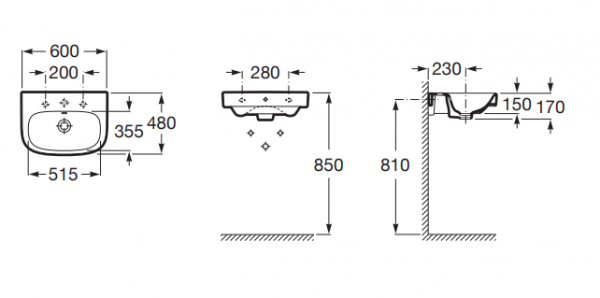 Lavoar suspendat din portelan, 600 x 480 x 150 mm., Roca Debba [4]
