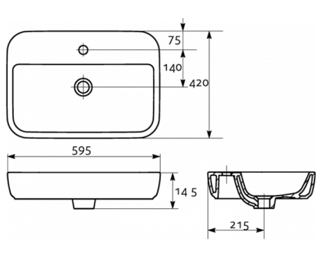 Lavoar patrat pentru blat, A=42 x H=10.5 x L=59.5 cm., Cersanit Caspia 60 [4]