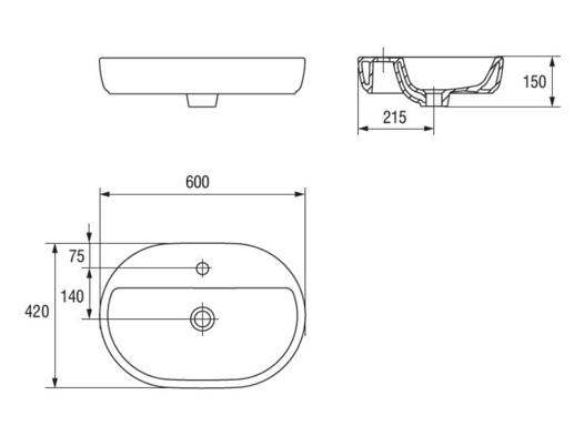 Lavoar oval pentru blat, A=42 x H=10.5 x L=59.5 cm., Cersanit Caspia 60 [4]
