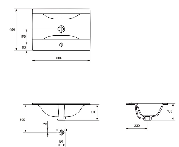 Lavoar pentru blat, A=45 x H=18 x  L=60 cm., Cersanit Ontario New 60 [3]