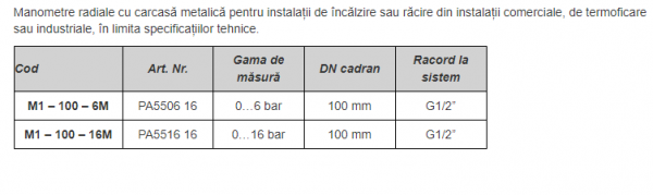 Manometru radial cu carcasa metalica 1/2", Ø100mm, cu ac indicator referinţă, 0/16bar, seria M1 [2]