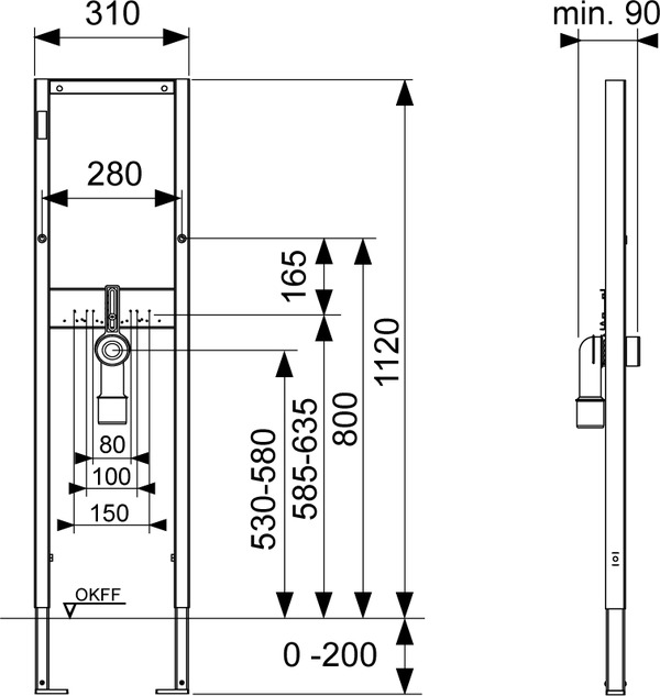 Modul lavoar TECEbase, l = 310 mm, H1120 mm reglabil, cu sistem de fixare [2]