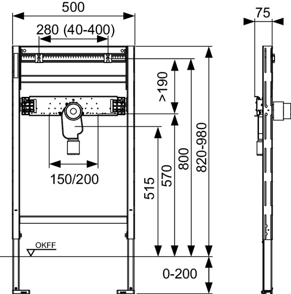 Modul lavoar TECEprofil cu sifon de scurgere DN50, l = 500 mm, H 820-980 mm [2]