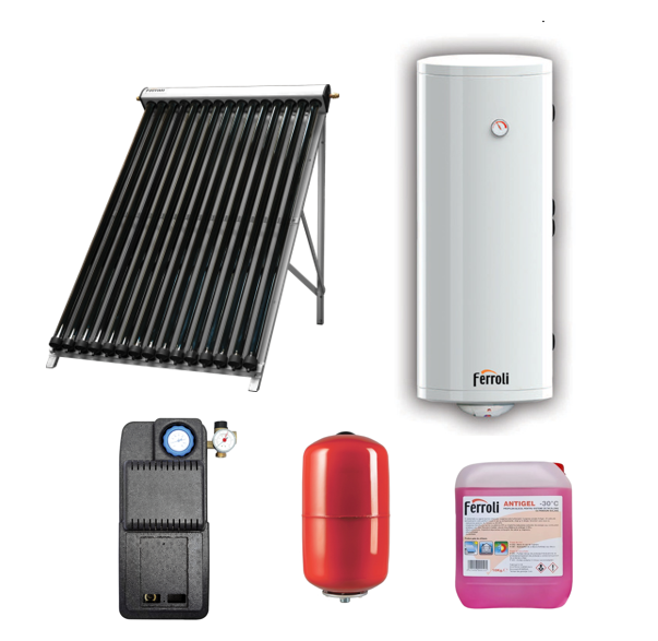 Pachet solar Ferroli Ecotube New 1 panou x 20 tuburi, boiler Ecounit DW 150 litri cu 2 serpentine, grup circulatie, panou comanda, antigel solar, vas expansiune [1]
