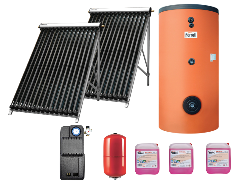 Pachet solar Ferroli Ecotube New 2 panouri x 25 tuburi, boiler Ecounit 500 litri cu 2 serpentine, grup circulatie, panou comanda, antigel solar, vas expansiune [1]