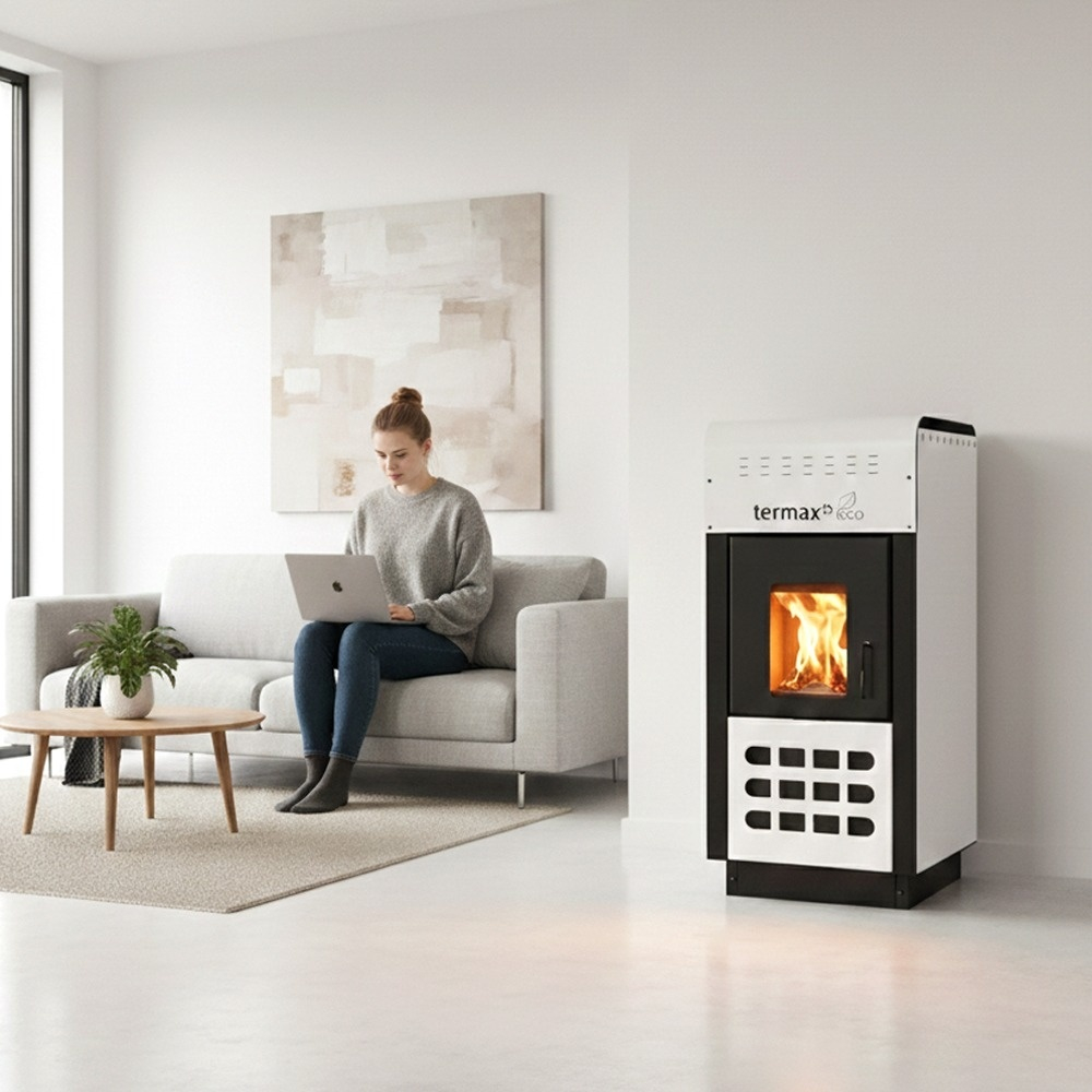 Pachet termosemineu pe peleti Termax Kamin ECO 25 kW alb cu termostat ambiental [4]