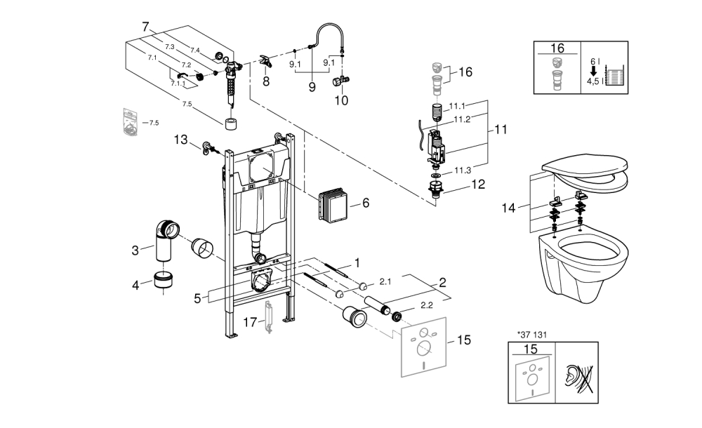 Pachet WC 4 in 1 Grohe Solido set WC 1, 13 m, compact, suspendat, cadru, capac, placuta, elemente montaj, alb [3]