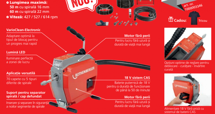 R600 Varioclean Rothenberger masina de desfundat tevi si canale, cu acumulatori, 18V, 8.0 Ah CAS, utilizare recomandata Ø 20–150 mm [2]