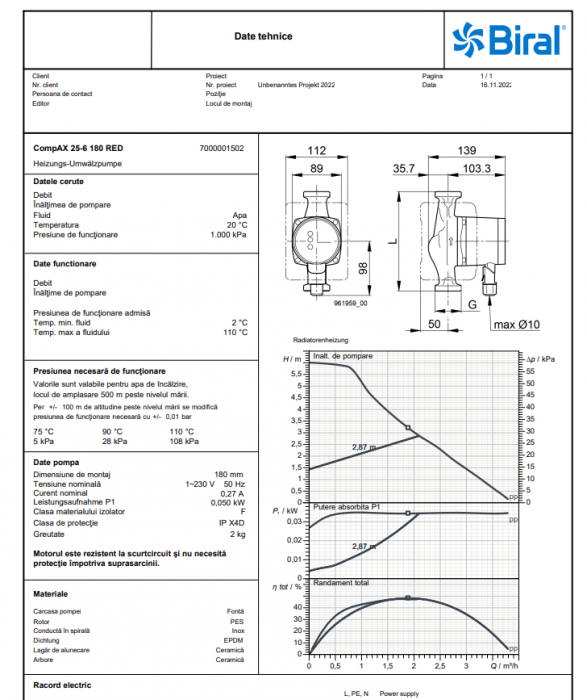 Pompa de circulatie electronica de inalta eficienta pentru instalatii de incalzire, Biral model CompAX 25-6 180 RED, echipata cu izolatie [2]