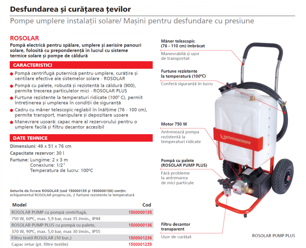 Pompa umplere instalatii solare, 750 W, 100°C, 9 bar, max 35 l/min, IP 44, Rothenberger Rosolar Pump [2]