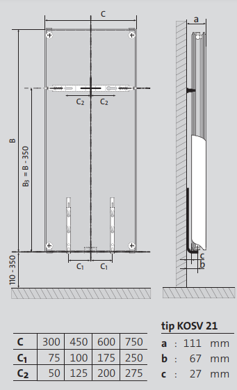 Radiator decorativ vertical, alb, tip 21, L=450 x H=2100, Purmo Kos V [6]