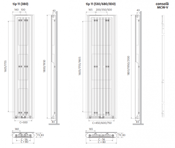 Radiator decorativ vertical, alb, tip 11, L=830 x H=2100, Purmo Paros V [6]