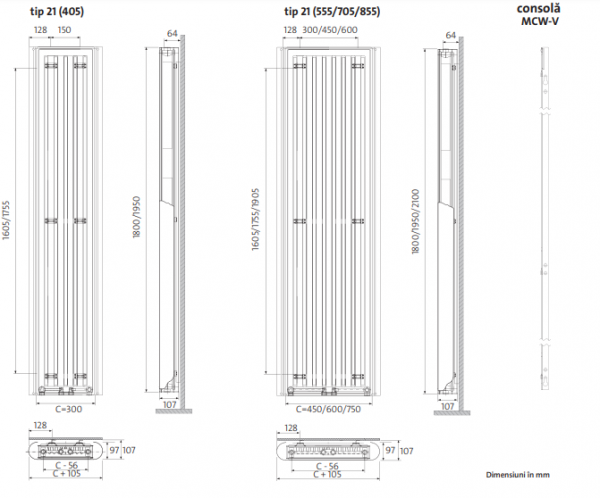 Radiator decorativ vertical, alb, tip 21, L=555 x H=1800, Purmo Paros V [6]