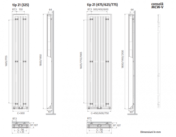 Radiator decorativ vertical, alb, tip 21, L=625 x H=2100, Purmo Tinos V [7]