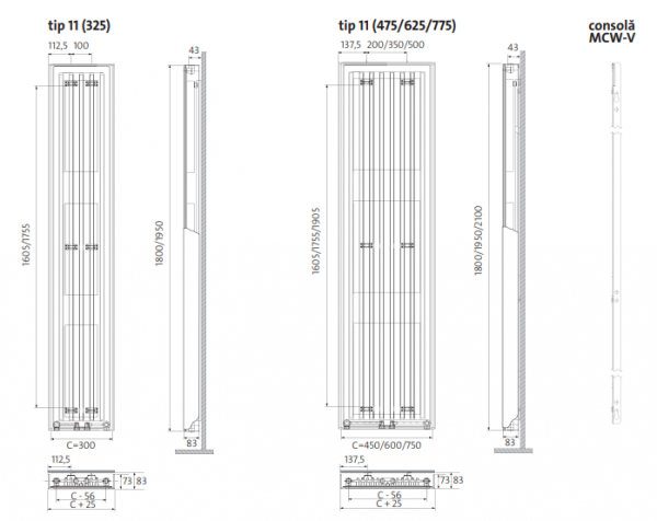 Radiator decorativ vertical, alb, tip 11, L=325 x H=1800, Purmo Tinos V [6]