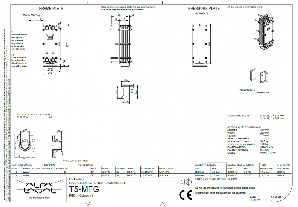 Schimbator de caldura cu placi 800 kW, ALFA LAVAL T5-MFG 45PL ALLOY 316 [2]