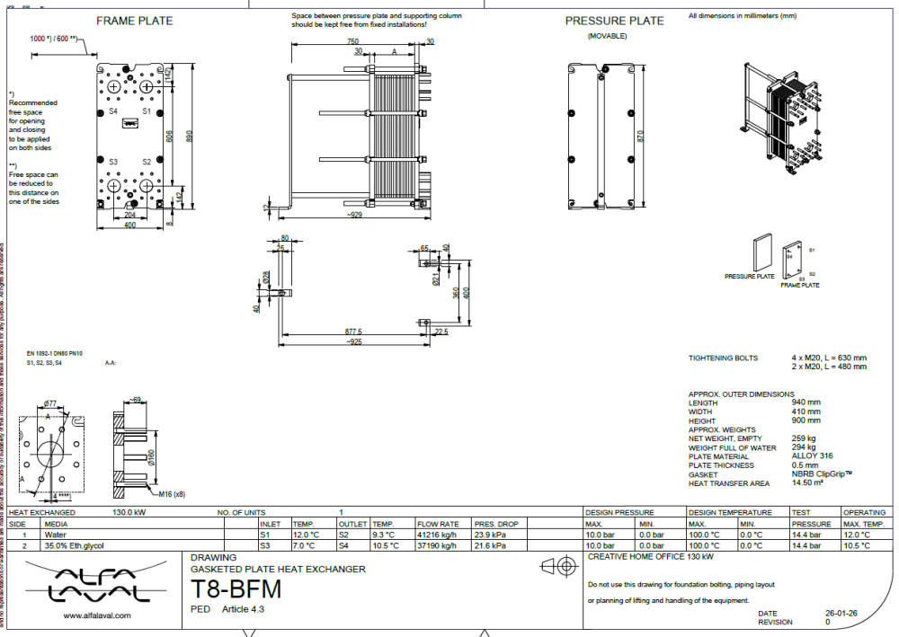 Schimbator de caldura cu placi 130 kW, ALFA LAVAL T8-BFM  placi, ALLOY 316 [3]