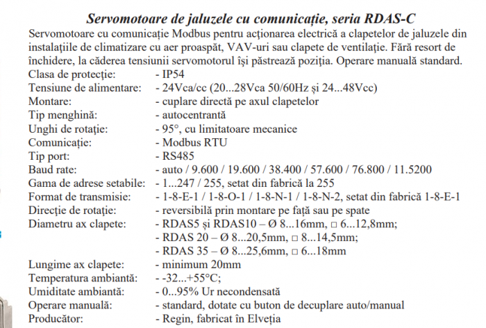 ServoMotor jaluzele Regin, fara resort 20Nm 24V Modbus RTU [2]