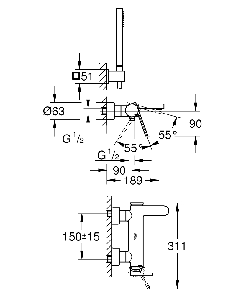 Set baterie cada si para dus Grohe Plus monocomanda, cartus ceramic, para dus, 1 functie, furtun 1,5 m, suport, crom [4]