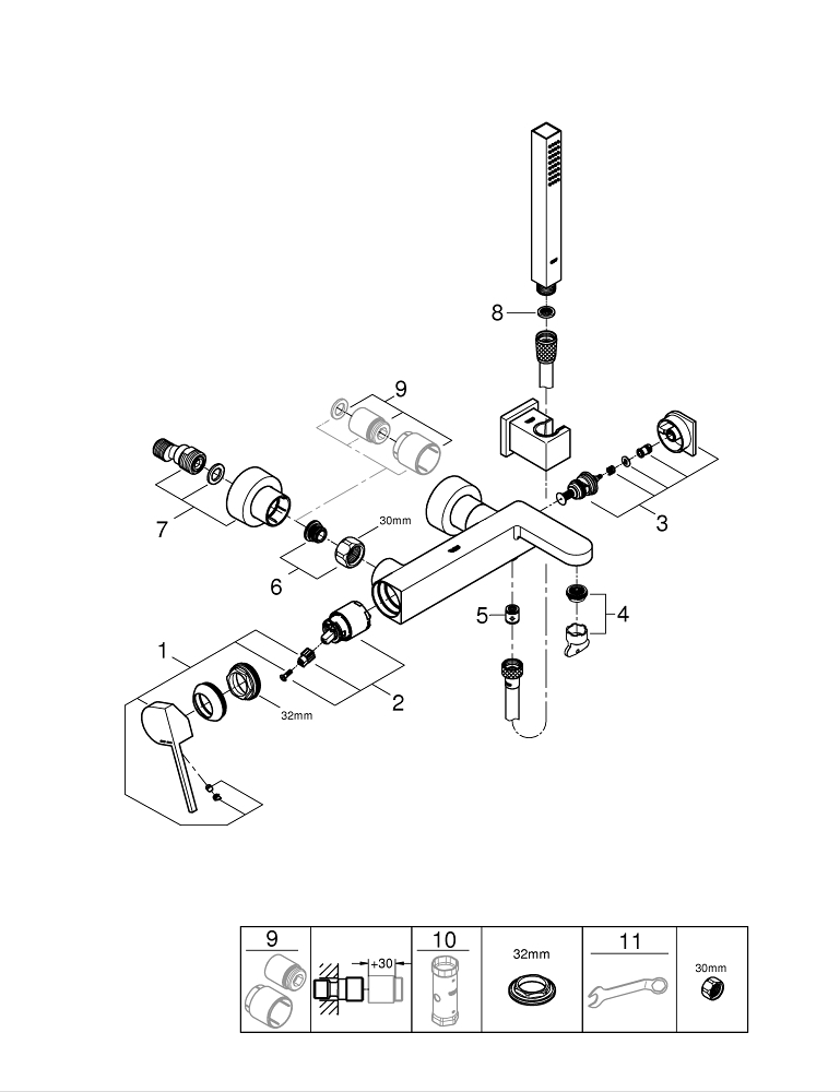 Set baterie cada si para dus Grohe Plus monocomanda, cartus ceramic, para dus, 1 functie, furtun 1,5 m, suport, crom [3]