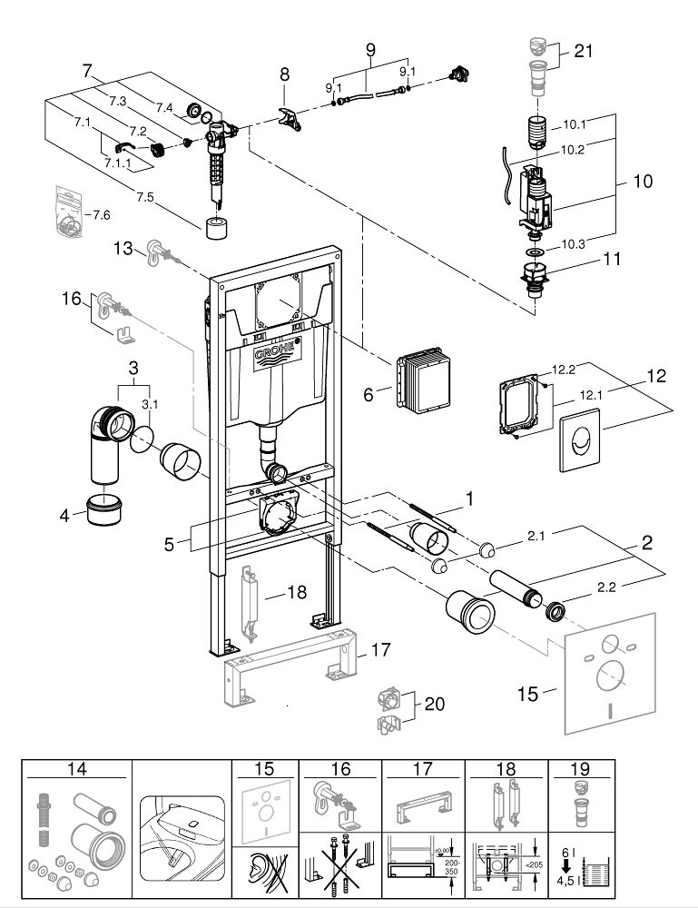 Set 2 in 1 rezervor WC Grohe Rapid SL, 1, 13 m, cadru, incastrat, otel, suporti perete 3855800m, placa de actionare, alb [2]