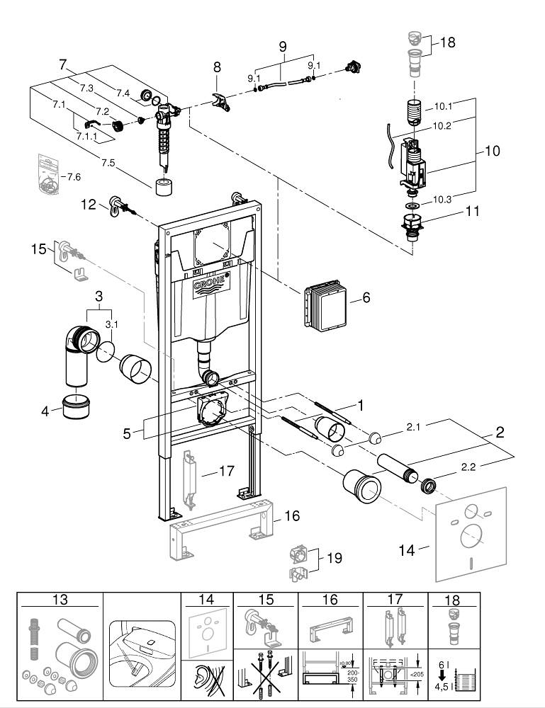 Set 2 in 1 rezervor WC Grohe Rapid SL, WC, 1, 13 m, cadru, incastrat, otel, suporti perete 3855800m, fara placa de actionare [4]
