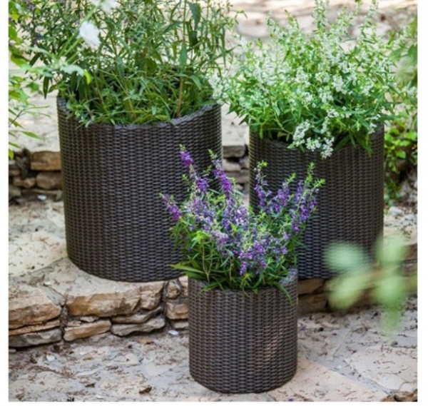 Set 3 ghivece cilindrice, maro, imitatie de ratan, Keter S M L [2]