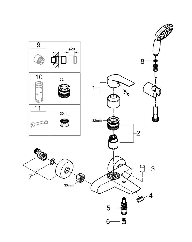Set baterie cada Grohe Eurosmart cartus ceramic, diverter, para de dus, furtun de dus, suport para dus, crom [2]