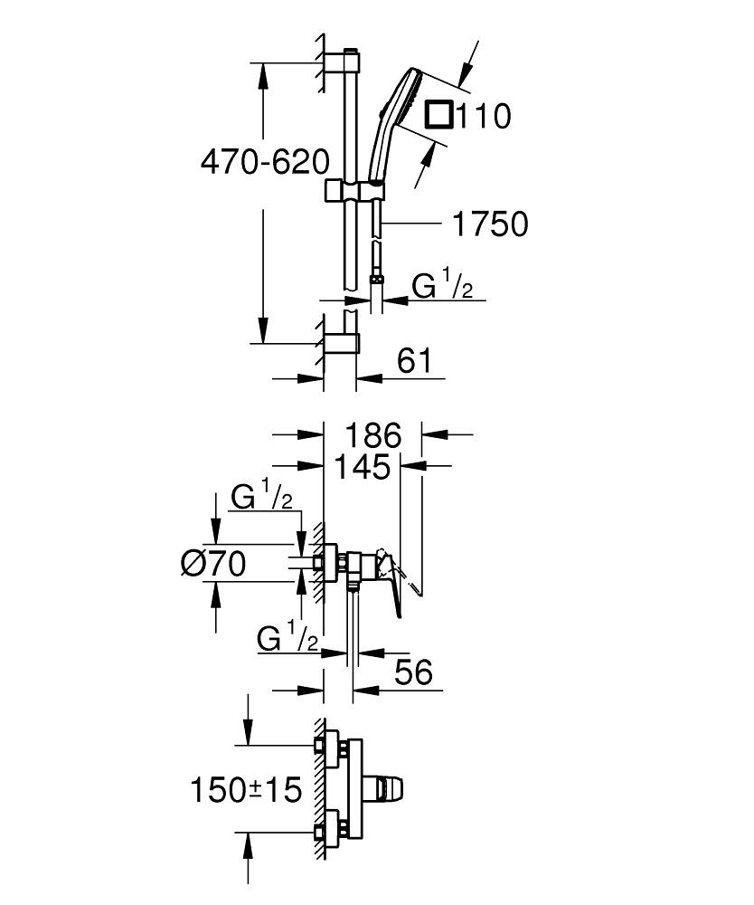 Set de dus Grohe Cubeo SilkMove shw aparenta, monocomanda, cartus ceramic, montare pe perete, coloana de dus, 600 mm, 2 functii, furtun de dus, 1.75m, negru mat [4]