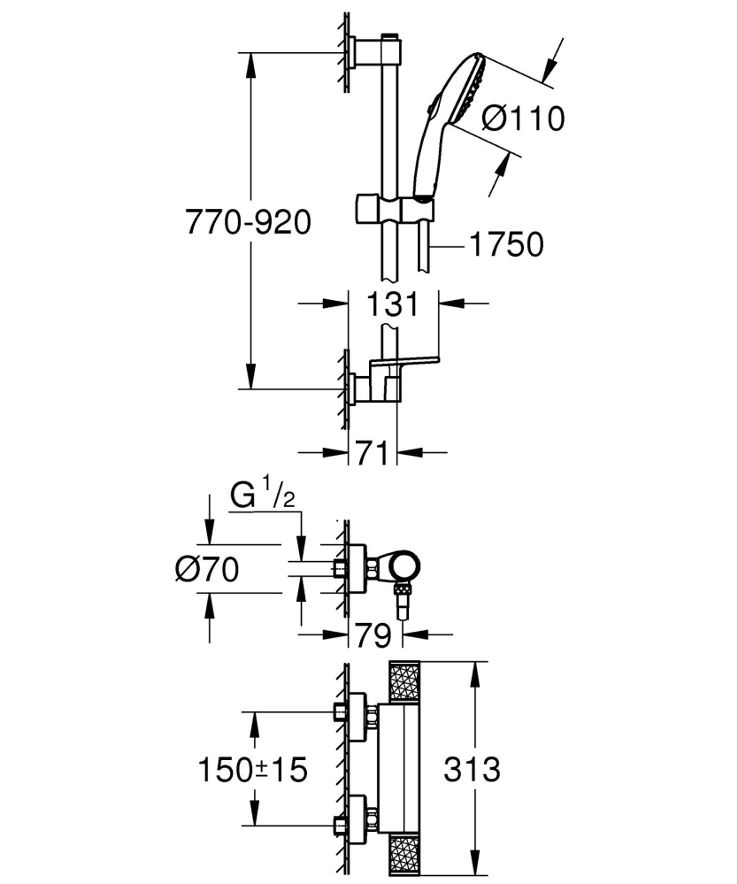 Set de dus Grohe Precision Feel cu baterie dus cu termostat, coloana de dus, 900 mm, para de dus, 3 functii, crom [2]