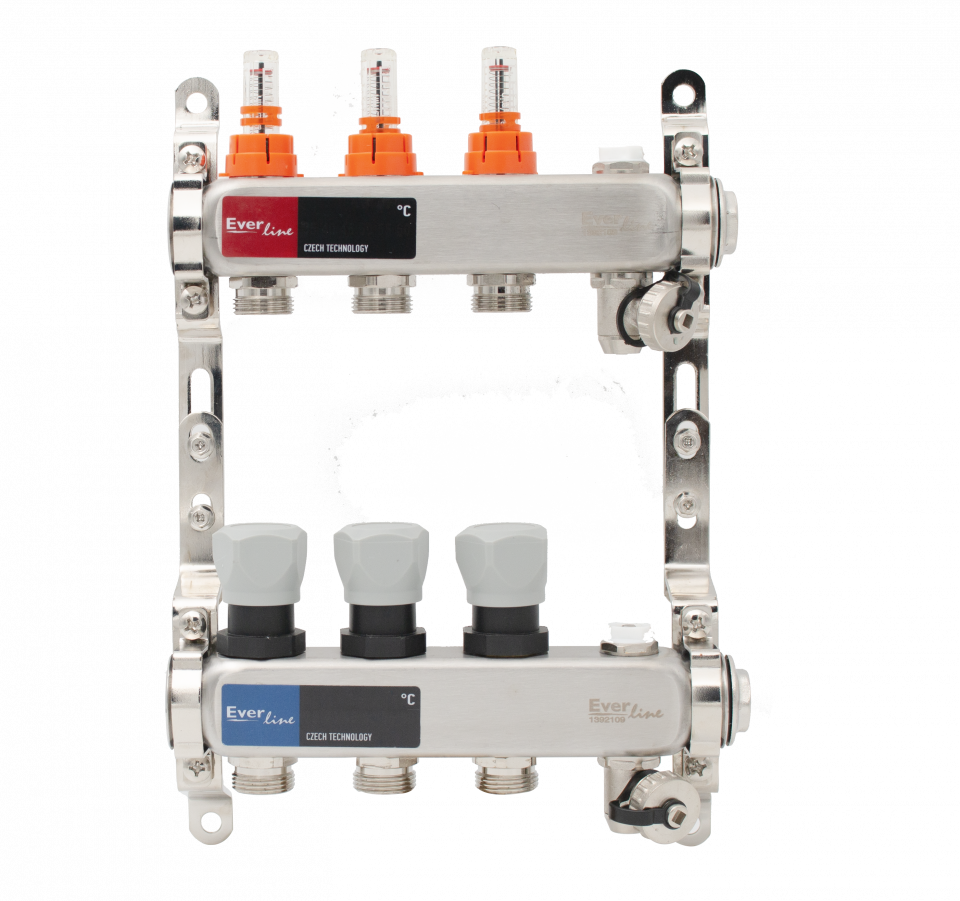 Set distribuitor INOX cu debitmetre, aerisitor manual si robineti de golire Ermetiq 1tol - 3 cai [2]