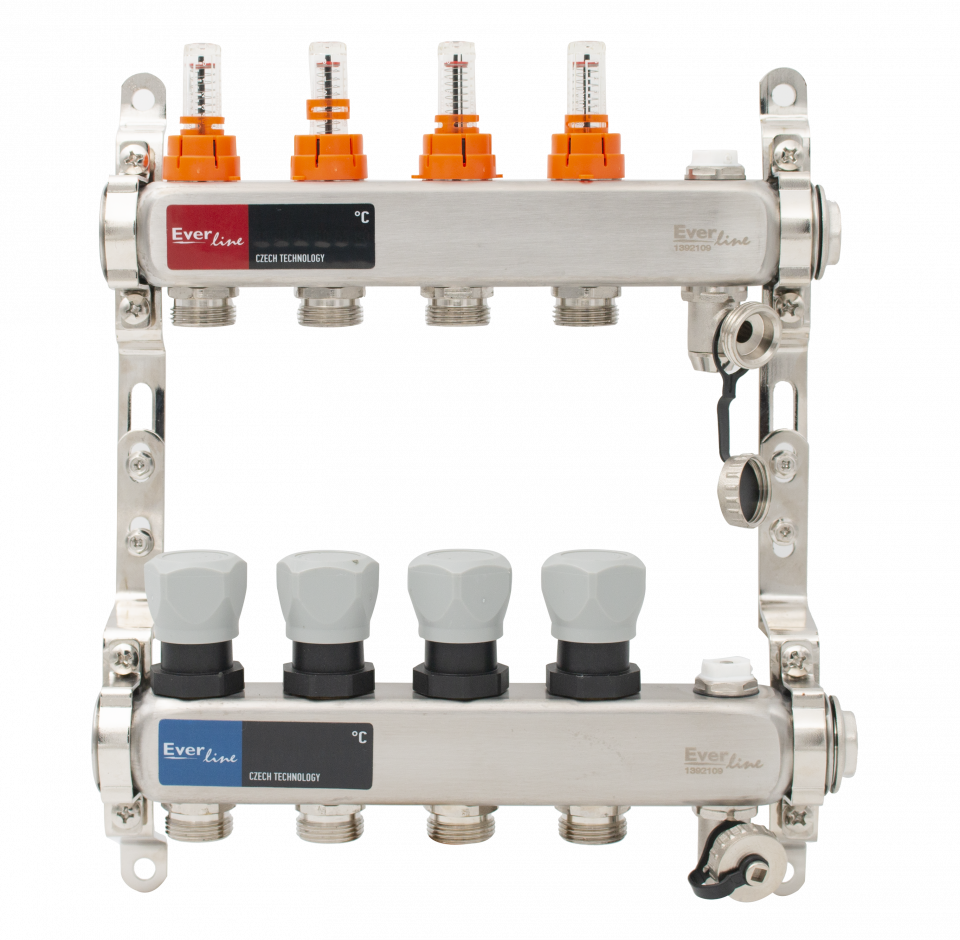 Set distribuitor INOX cu debitmetre, aerisitor manual si robineti de golire Ermetiq 1tol - 4 cai [2]