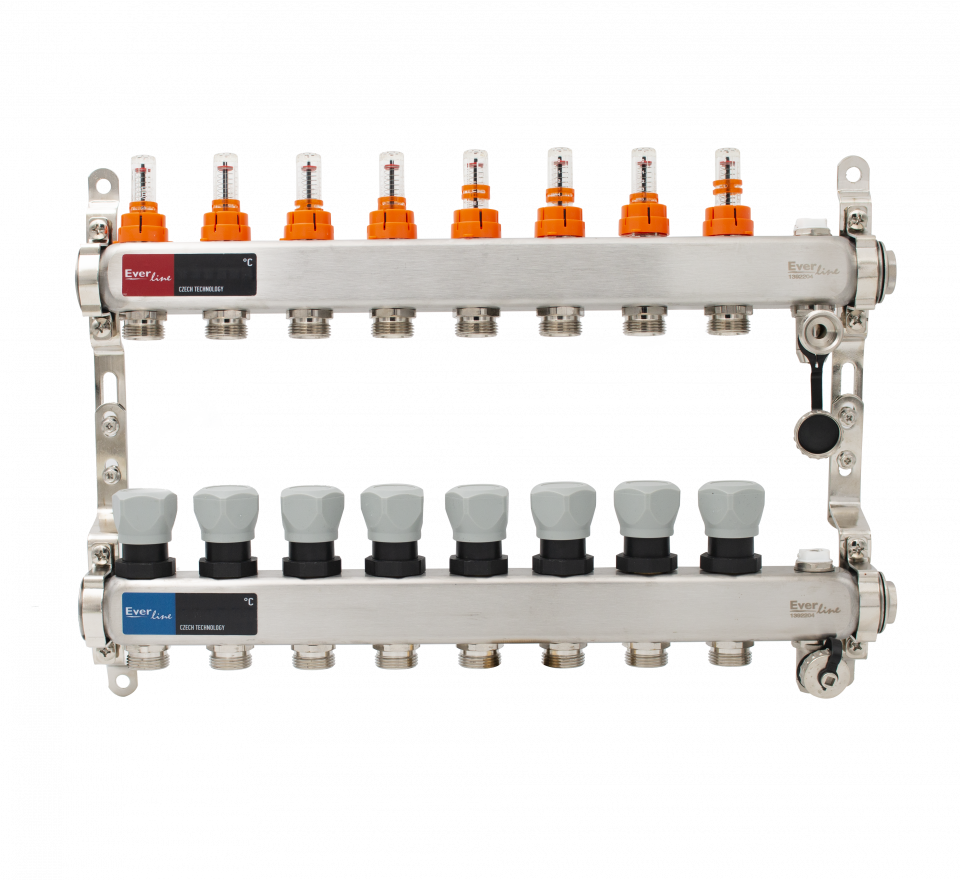 Set distribuitor INOX cu debitmetre, aerisitor manual si robineti de golire Ermetiq 1tol - 8 cai [2]