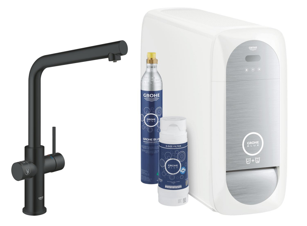 Set filtru + baterie, baterie de bucatarie Grohe Blue Home, 3/8'', monocomanda, pipa inalta, filtrare, racire, apa carbogazoasa, cartus ceramic, pivotanta, negru [3]