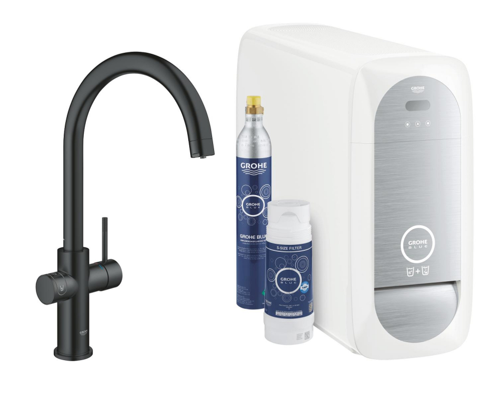 Set filtru + baterie bucatarie Grohe Blue Home, 3/8'', monocomanda, tip C, pipa inalta, filtrare, racire, apa carbogazoasa, pivotanta, smart, negru [1]