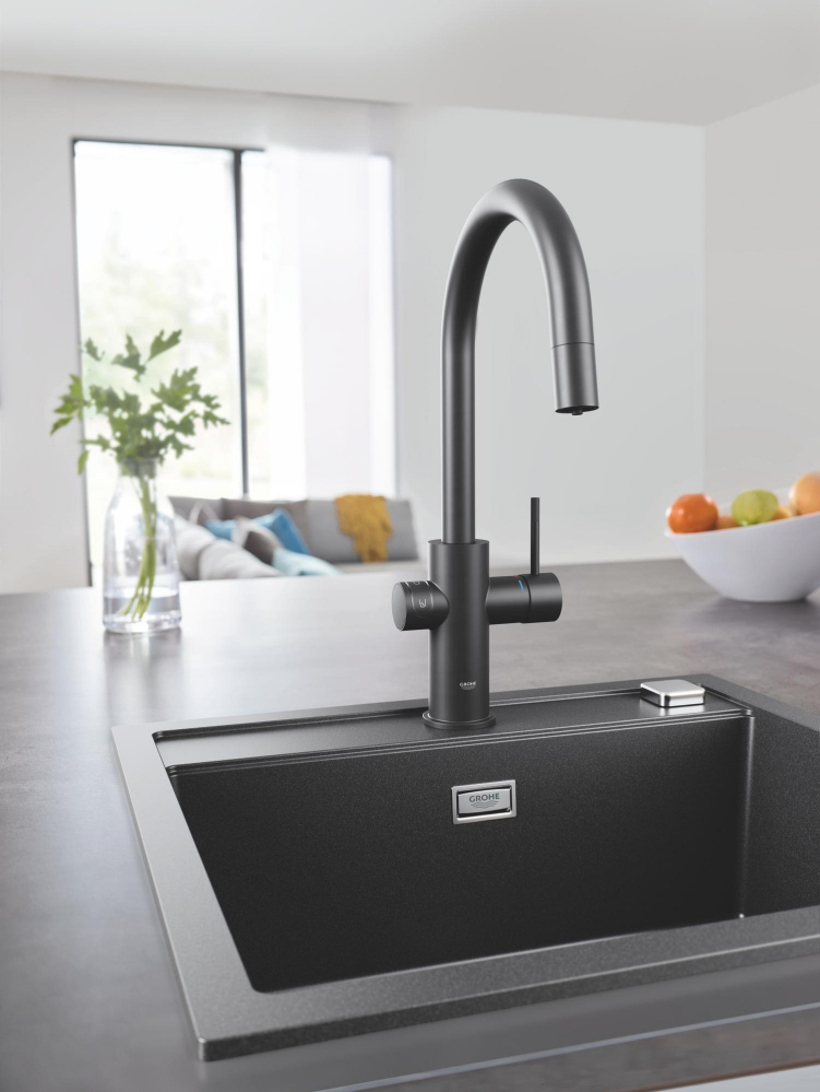 Set filtru + baterie bucatarie Grohe Blue Home, 3/8'', pipa inalta, tip C, dubla comanda, filtre, racire, apa carbogazoasa, dus extractabil, smart, negru [6]