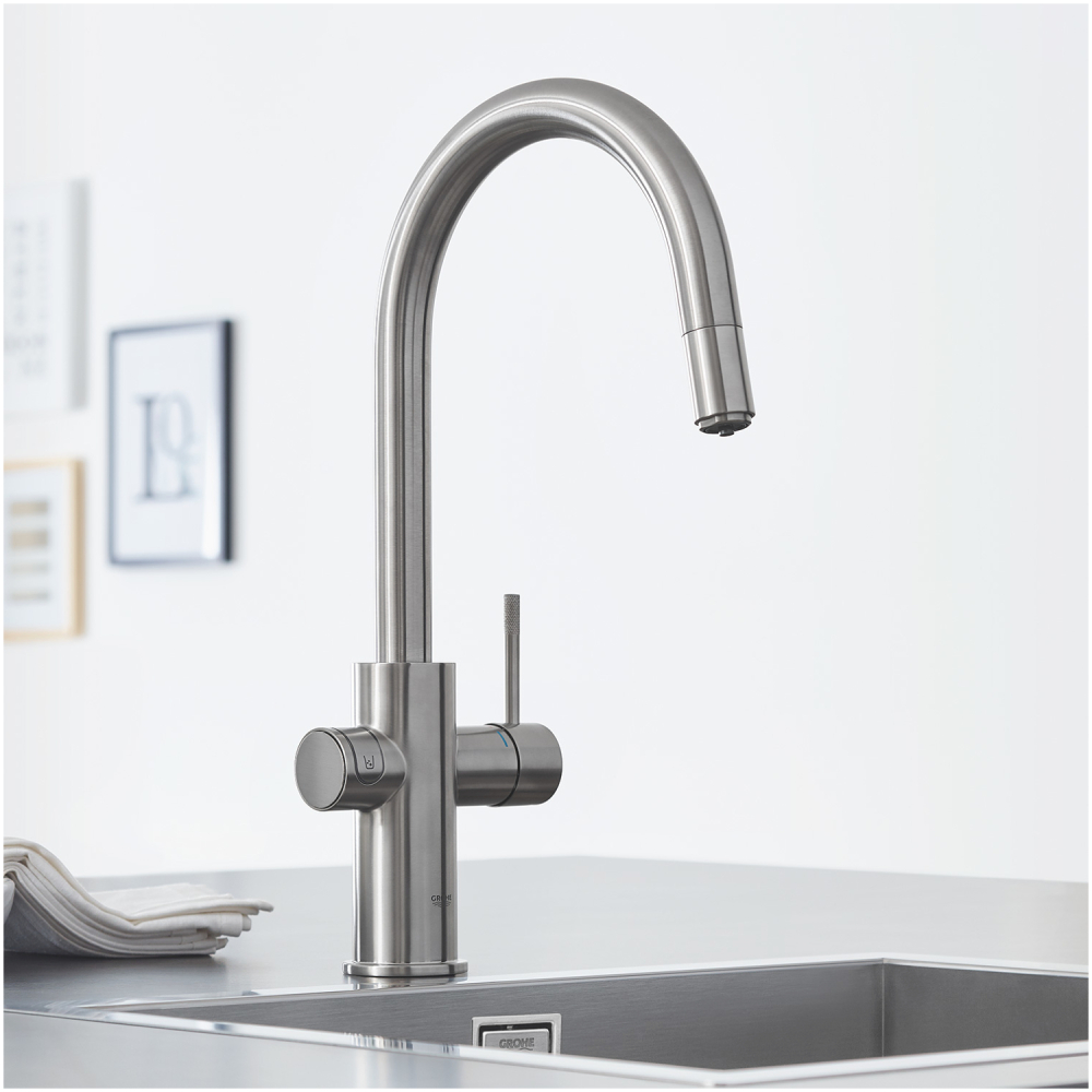 Set filtru cu baterie bucatarie Grohe Blue Home, 3/8'', pipa inalta, dubla comanda, filtre, racire, apa carbogazoasa, dus extractabil, smart crom mat [4]